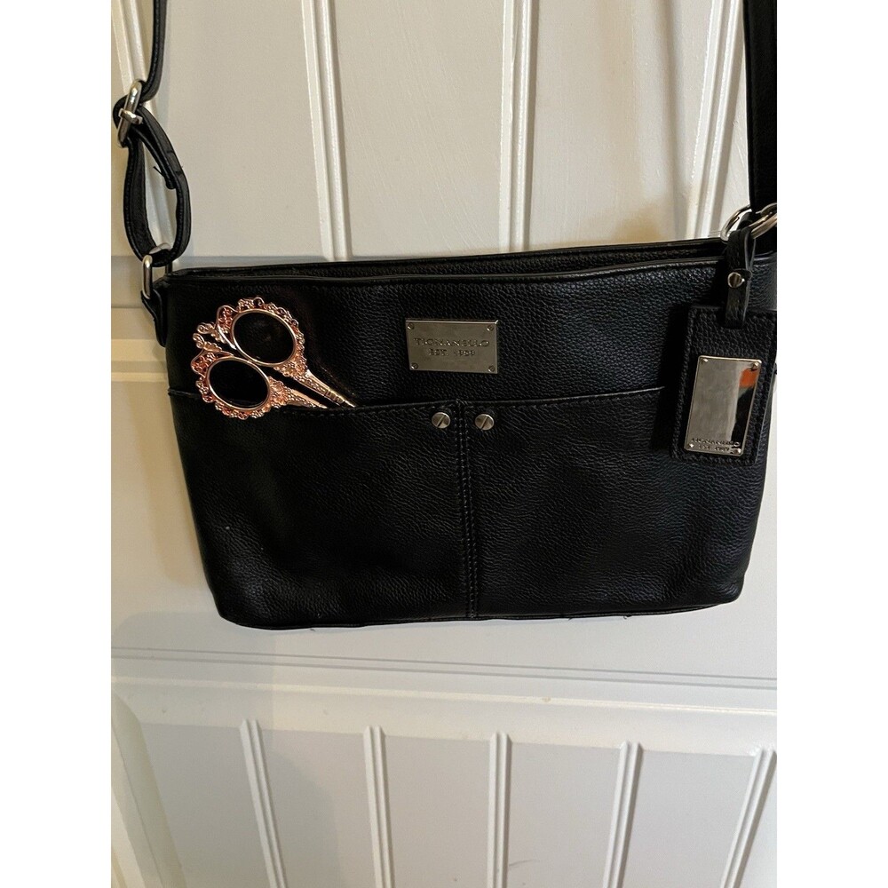 Tignanello Black Pebble Leather Crossbody Purse Handbag Ext Pockets Classic